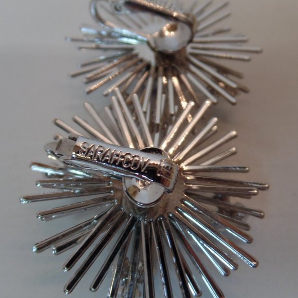 Sarah Coventry (Signed all 3 pieces) Starburst Atomic Brooch & Clip on Ear Rings - Picture 6 of 11
